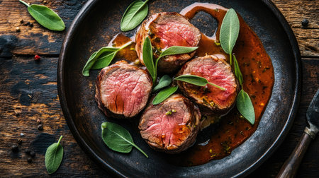 Experience the rich flavors of Saltimbocca alla Romana, featuring tender meat, fresh sage, and aromatic sauce, beautifully presented for any meal.の素材