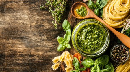 A top view of a rustic wooden table adorned with fresh ingredients, herbs, pasta, and a jar of vibrant pesto, perfect for culinary inspiration.の素材