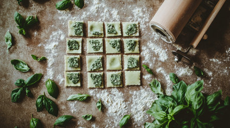 A top-down view of handmade spinach ravioli arranged on a floured surface, surrounded by fresh basil leaves, showcasing a delightful culinary preparation.の素材