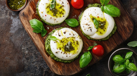 A mouthwatering top view of Pinsa Romana featuring fresh mozzarella, basil, and cherry tomatoes. Perfect for gourmet dishes and culinary photography.の素材