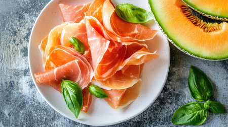 Experience the freshness of thinly sliced prosciutto served alongside ripe melon and aromatic basil. A visually appealing and delicious appetizer ideal for any gathering.の素材