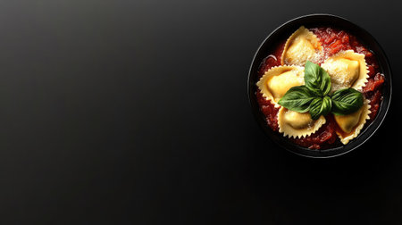 A top view of ravioli served in a rich tomato sauce, garnished with fresh basil, perfect for showcasing delicious Italian cuisine in any culinary context.の素材