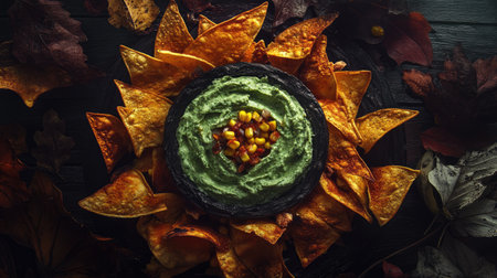 An overhead view of creamy spinach dip surrounded by crunchy chips and vibrant autumn leaves, perfect for gatherings or festive occasions.の素材