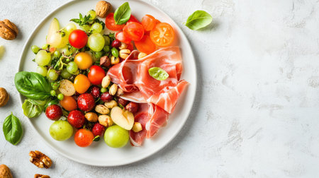 A vibrant platter featuring prosciutto, fresh vegetables, and nuts. Ideal for appetizers, this colorful arrangement showcases seasonal ingredients for a healthy bite.の素材