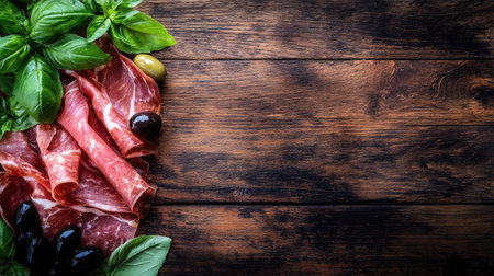 Discover an elegant arrangement of beautiful meat slices paired with fresh herbs and olives on a rustic wooden background, perfect for upscale dining.の素材