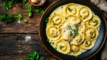 A top view of a plate filled with freshly cooked ravioli, garnished with herbs and cheese, served on a rustic wooden table. Perfect for Italian cuisine lovers.の素材