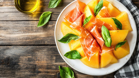A delightful arrangement of fresh prosciutto and juicy melon, garnished with basil leaves and drizzled with olive oil, perfect for summer dining.の素材