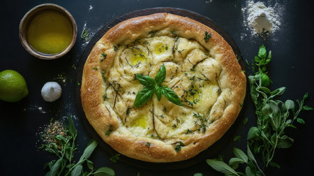 This image showcases a beautifully crafted focaccia bread topped with fresh herbs and olive oil, perfect for culinary presentations and food-related projects.の素材