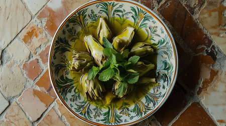 A vibrant dish featuring artichokes drizzled with olive oil and garnished with fresh mint, showcasing Italian culinary traditions and healthy ingredients.の素材