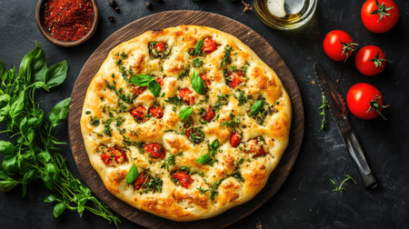 A beautifully crafted focaccia topped with fresh herbs and tomatoes, perfect for any culinary masterpiece. Ideal for a rustic meal presentation.の素材