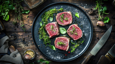 Discover a stylish presentation of saltimbocca alla romana featuring thinly sliced meat, garnished with fresh herbs and spices, ideal for culinary photography.の素材