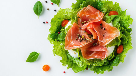 A vibrant top view of a fresh piadina dish featuring greens and prosciutto, garnished with colorful tomatoes and herbs. Perfect for gourmet dining.の素材