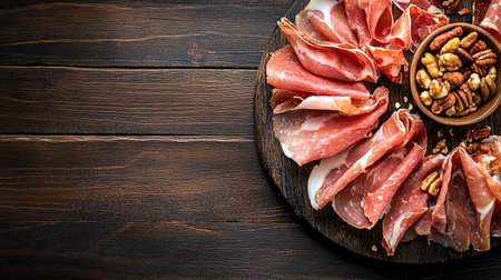 A beautifully arranged platter of sliced prosciutto accompanied by roasted pecans, perfect for appetizers or gourmet parties. Ideal for food photography.の素材