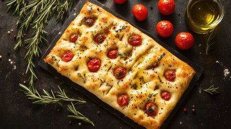 Discover an artistic focaccia adorned with vibrant cherry tomatoes and fresh herbs. This gourmet bread showcases texture and flavor, perfect for culinary lovers.の素材