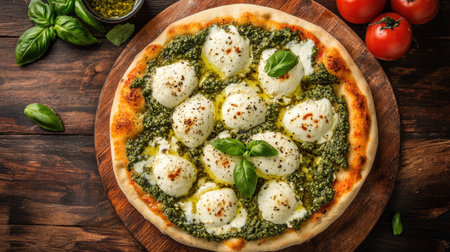 Enjoy a mouthwatering Pinsa Romana topped with fresh mozzarella, basil, and pesto on a rustic wooden table, perfect for any Italian food lover.の素材