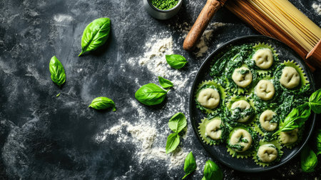 Enjoy a beautiful overhead shot of handmade spinach ravioli served in a fresh basil sauce, garnished with vibrant green basil leaves on a dark surface.の素材
