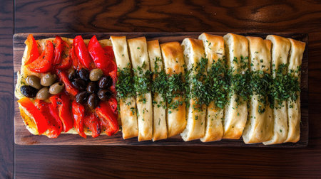 Experience the beauty of focaccia bread adorned with vibrant toppings like red peppers and olives. Perfect for appetizers or as a gourmet snack.の素材