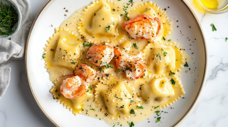 A delicious serving of lobster ravioli coated in a creamy sauce, garnished with fresh herbs, making for a gourmet dining experience perfect for any occasion.の素材