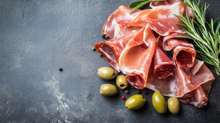 A top-down view showcasing beautifully arranged slices of cured meat alongside olives and fresh herbs, perfect for gourmet presentation or culinary inspiration.の素材