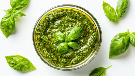 A vibrant glass bowl filled with fresh basil pesto, surrounded by basil leaves, showcasing a rich green color and promising delicious flavor for various dishes.の素材