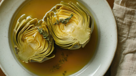 A beautiful presentation of artichokes served in olive oil, garnished with herbs. Perfect for healthy meal options or gourmet dishes.の素材