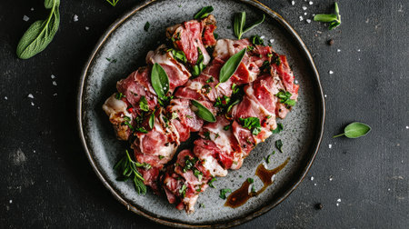 A top-down view of a beautifully presented plate featuring delicious meat adorned with fresh herbs, capturing the essence of gourmet dining. Perfect for food lovers.の素材