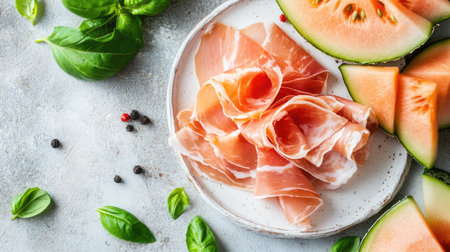 Delight in this vibrant arrangement of thinly sliced prosciutto paired with fresh melon and basil. Perfect for gourmet dishes or elegant appetizers, it captures the essence of summer cuisine.の素材