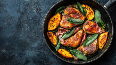 A beautifully arranged traditional saltimbocca featuring tender meat, sage, and roasted potatoes in a skillet. Perfect for gourmet cooking.の素材