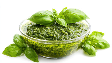 This image features fresh basil pesto elegantly displayed in a transparent glass bowl. The vibrant green color and rich texture emphasize its flavor and freshness, ideal for culinary uses.の素材