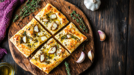 A vibrant close-up of focaccia bread topped with garlic and herbs, beautifully presented on a rustic wooden board. Perfect for culinary delights.の素材
