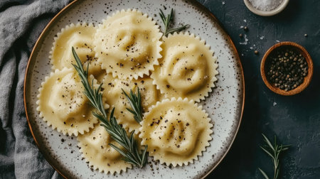 A visually appealing arrangement of delicious ravioli on a rustic plate, garnished with fresh rosemary and spices, perfect for any meal.の素材