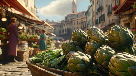 A vibrant market scene featuring freshly picked artichokes arranged beautifully in a basket, embodying a lively outdoor atmosphere filled with color and community.の素材