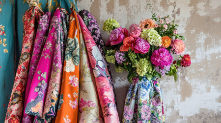 A vibrant display of floral-patterned textiles complemented by a stunning bouquet. Ideal for showcasing color, creativity, and artistic textile design. Perfect for decor inspiration.の素材
