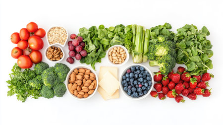 A vibrant top view of fresh vegetables and fruits ideal for a healthy diet. This colorful composition showcases essential ingredients for nutritious meals.の素材