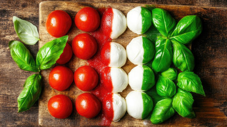 Experience a vibrant display of Italian flavors with fresh tomatoes, mozzarella, and basil arranged in a colorful tricolore composition, perfect for culinary inspiration.の素材
