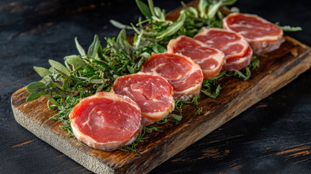 A vibrant presentation of sliced meat garnished with fresh herbs, ideal for culinary inspiration, cooking demonstrations, and gourmet visuals.の素材