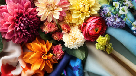 A stunning composition showcasing a vibrant mix of flowers paired with colorful fabrics, creating a harmonious and artistic visual perfect for decoration.の素材