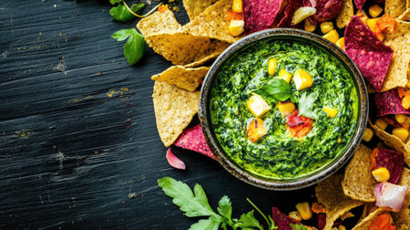A vibrant bowl of fresh spinach dip surrounded by an array of colorful chips. Perfect for parties or as a healthy snack option, this appetizing dish offers rich flavors and appealing textures.の素材