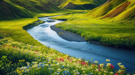 A tranquil river winds gracefully through a lush green valley, adorned with colorful wildflowers. This serene landscape showcases nature's beauty and harmony.の素材