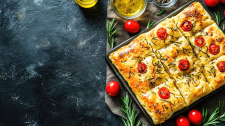A top-down view of golden focaccia bread, decorated with cherry tomatoes and herbs, perfect for highlighting Italian cuisine and culinary artistry.の素材