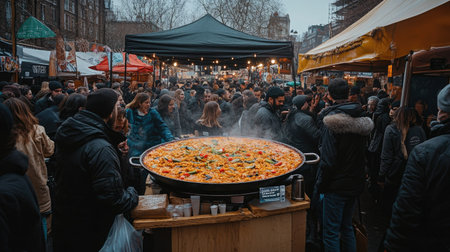 A bustling market on Portobello Road featuring a large paella stall. People gather around to enjoy delicious food, showcasing vibrant urban life and culture.の素材