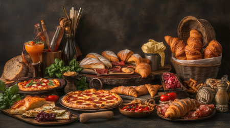 A beautifully arranged collection of European breads, pastries, and gourmet dishes on a rustic table, perfect for representing culinary artistry and comfort food.の素材