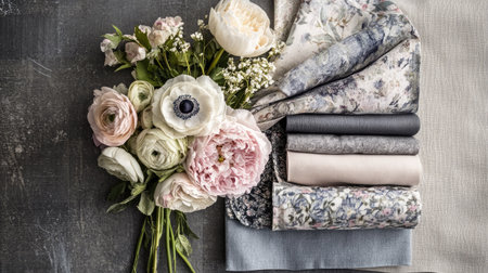 This visually appealing arrangement features beautiful flowers and textiles, perfect for crafting and home decoration projects. An elegant display of soft colors.の素材