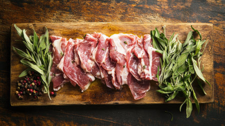Fresh ingredients for saltimbocca are beautifully presented on a rustic wooden board. Vibrant herbs complement the marbled meat slices, showcasing culinary artistry.の素材