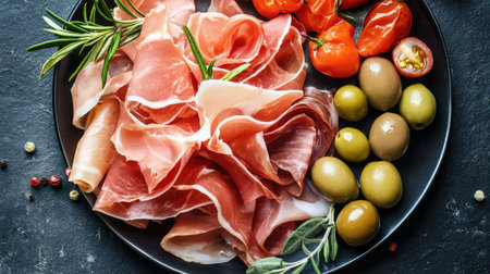 This artistic arrangement features prosciutto, fresh olives, and tomatoes, beautifully presented on a dark plate. A perfect gourmet dish for any occasion.の素材