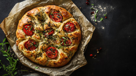 Capture the essence of freshly baked bread adorned with herbs and tomatoes. This artistic top view highlights texture, color, and deliciousness perfect for culinary enthusiasts.の素材