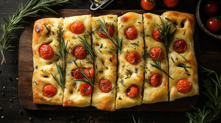 A beautifully styled overhead shot of golden focaccia topped with cherry tomatoes and fresh rosemary, perfect for food lovers and culinary enthusiasts.の素材