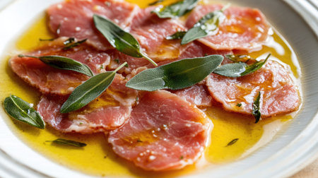 An artistic top view showcases a delicious saltimbocca dish, featuring slices of cured meat garnished with fresh herbs and olive oil for an inviting presentation.の素材
