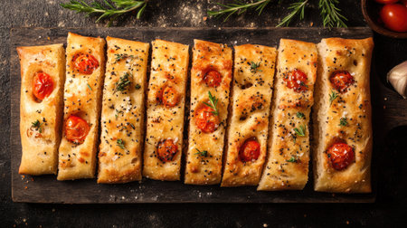 This artistic top view showcases beautifully baked bread, highlighting its golden crust and topped with tomatoes and herbs. Perfect for culinary inspiration!の素材