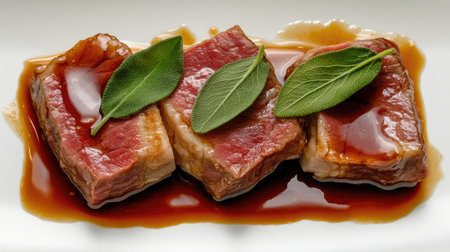 This artistic top view captures a delicious serving of saltimbocca, showcasing tender meat garnished with fresh sage leaves in a savory sauce.の素材